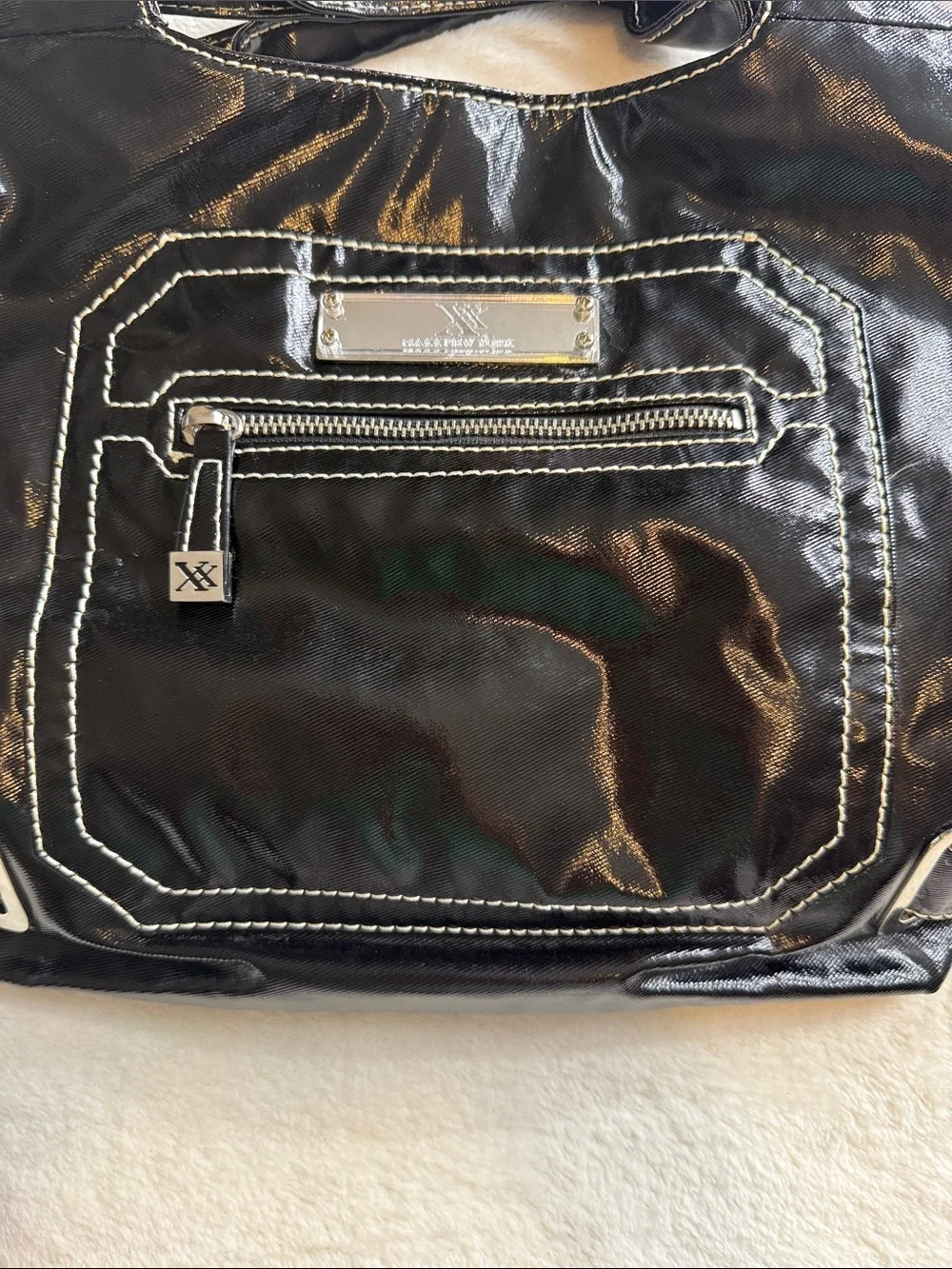 Maxx New York Black Patent PVC Tote Shoulder Bag White Contrast Stitch Y2K